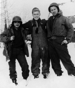 Staff Sgt. Rocco Moretto (right) with Tech Sgt. Bob Wright (later killed in action) at Bütgenbach, Belgium in December 1944. Robert F. Dorr Collection photo